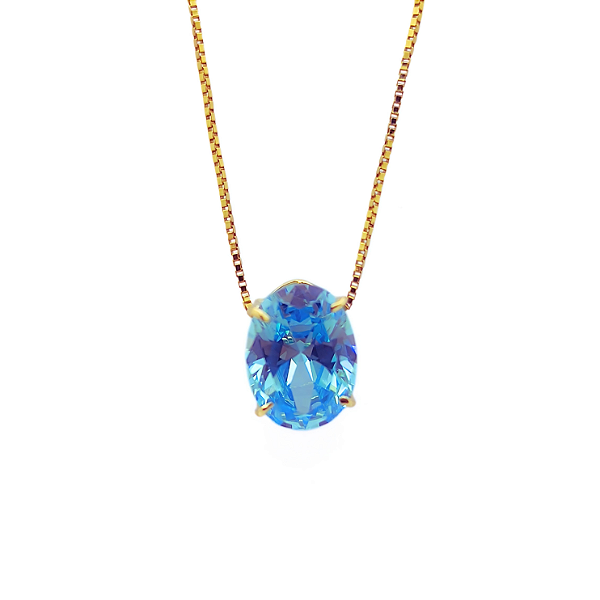 Pingente Ouro 18k Ponto de Luz Oval 6x8mm Zircônia Azul