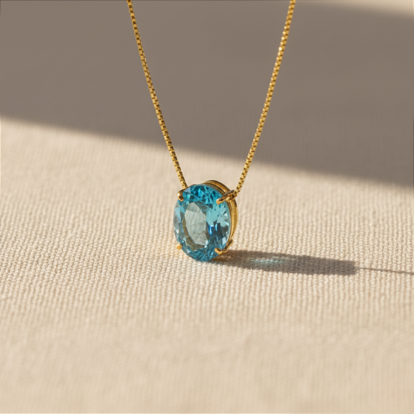 Pingente Ouro 18k Ponto de Luz Oval 6x8mm Zircônia Azul