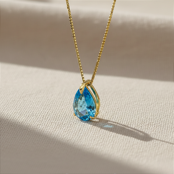 Pingente Ouro 18k Ponto de Luz Gota 6x8mm Zircônia Azul