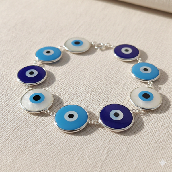 Pulseira Prata Olho Grego Degradê Azul 15mm Juntos