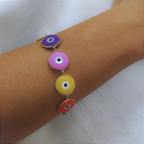 Pulseira Ouro 18k com Olho Grego 15mm Juntos Colorido