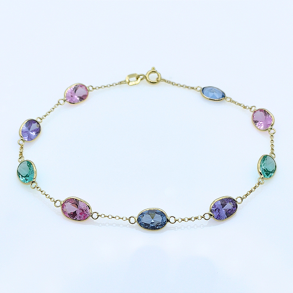 Pulseira Ouro 18k Oval Espaçada Zircônias Coloridas