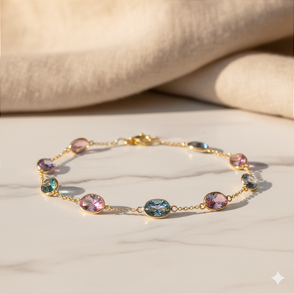 Pulseira Ouro 18k Oval Espaçada Zircônias Coloridas