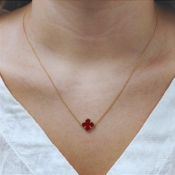 Colar Ouro 18k Trevo Ágata Vermelha