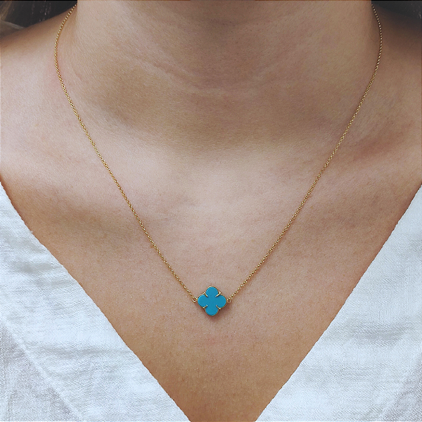 Colar Ouro 18k Trevo Turquesa