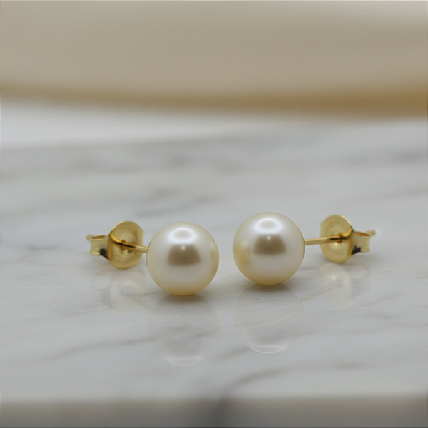 Brinco Ouro 18k Pérola Natural Água Salgada Redonda 8mm