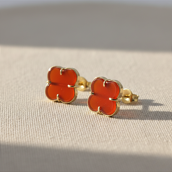 Brinco Ouro 18k Trevo Ágata Vermelha