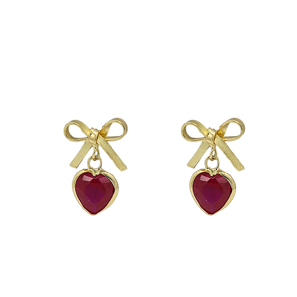 Brinco Laço Ouro 18k com Coração Vermelho - Infantil