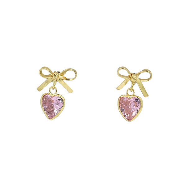 Brinco Laço Ouro 18k com Coração Rosa - Infantil