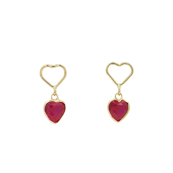 Brinco Ouro 18k Press Coração com Coração Vermelho - Infantil