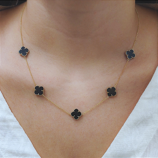 Colar Ouro 18k com 5 Trevos Ônix