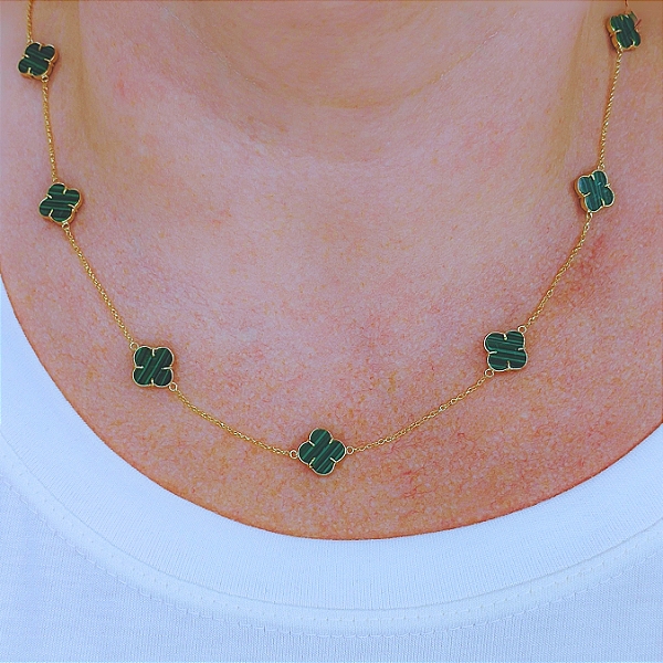 Colar Ouro 18k com 9 Trevos Malaquita