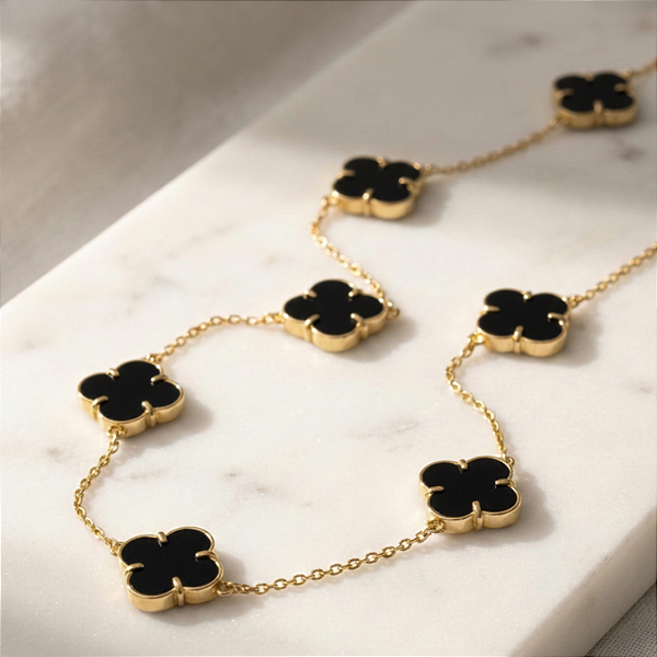 Colar Ouro 18k com 9 Trevos Ônix