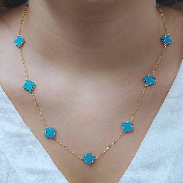 Colar Ouro 18k com 9 Trevos Turquesa Baby