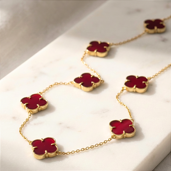 Colar Ouro 18k com 9 Trevos Ágata Vermelha