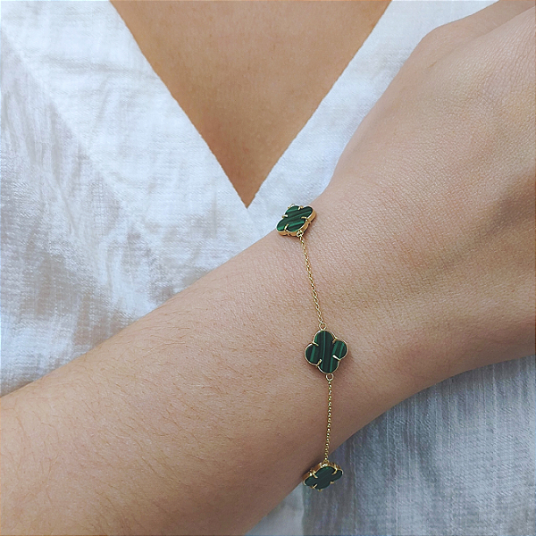 Pulseira 4 Trevos Malaquita em Ouro 18k