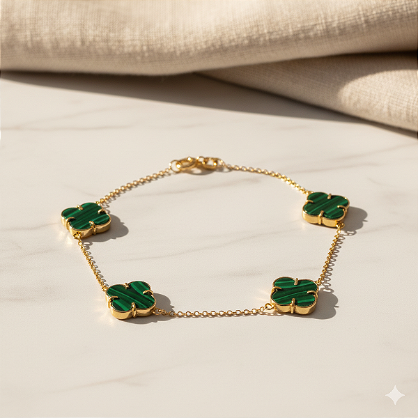 Pulseira 4 Trevos Malaquita em Ouro 18k