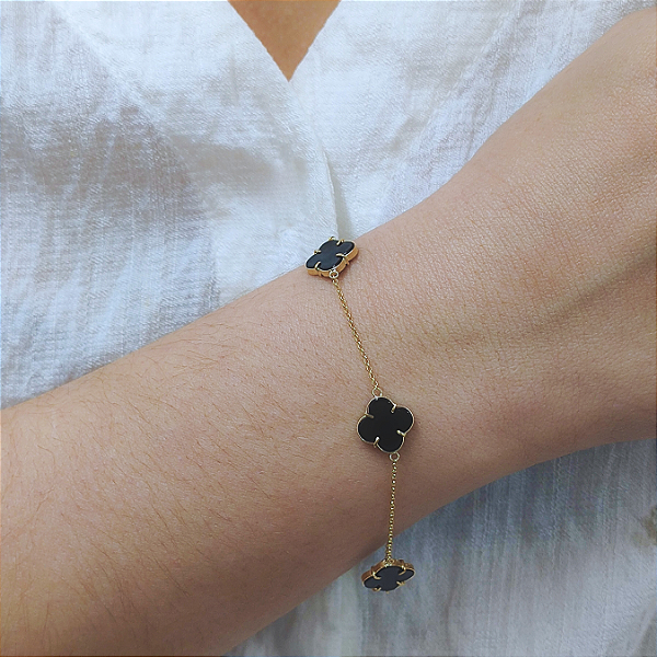 Pulseira 4 Trevos Ônix em Ouro 18k