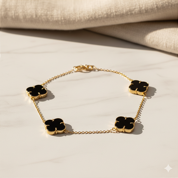 Pulseira 4 Trevos Ônix em Ouro 18k