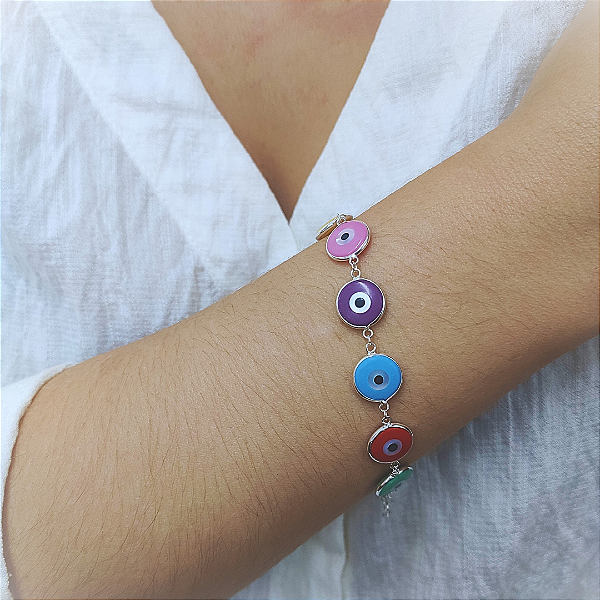Pulseira Prata Olho Grego Coloridos 10mm Juntos