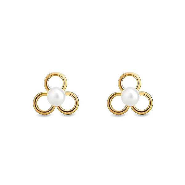 Brinco Ouro 18k Flor Pérola Redonda 4mm - Infantil