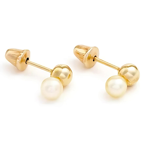 Brinco Ouro 18k Gêmeos Bolinha com Pérola 3mm - Infantil