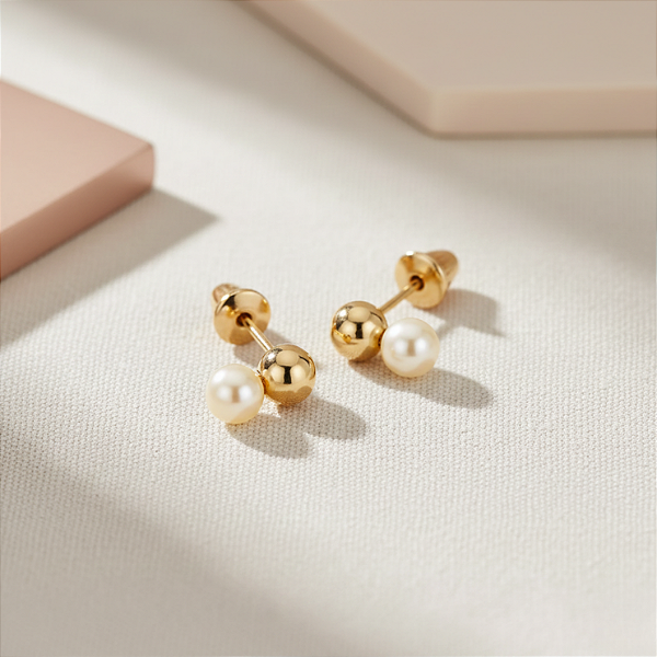 Brinco Ouro 18k Gêmeos Bolinha com Pérola 3mm