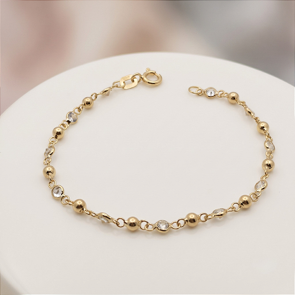 Pulseira Ouro 18k Bolinhas com Pedrinhas Juntinhas - Infantil
