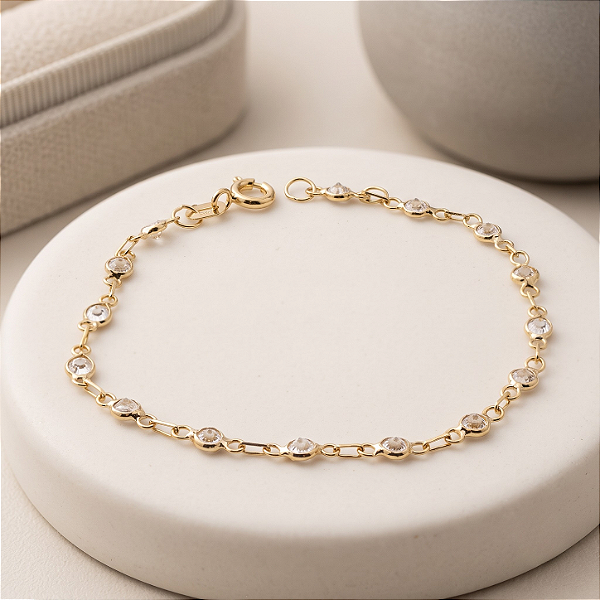 Pulseira Ouro 18k Pedrinhas Brancas Juntinhas - Infantil