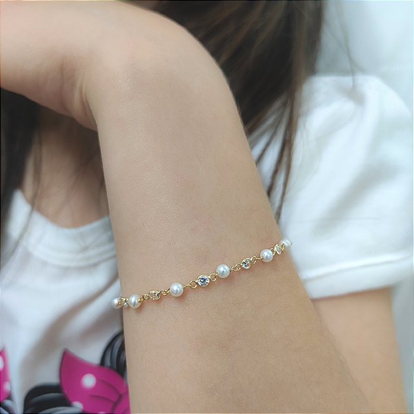 Pulseira Ouro 18k Pérolas Naturais com Pedrinhas Juntinhas - Infantil