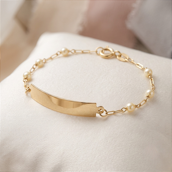 Pulseira Ouro 18k Chapinha com Pérolas Naturais Espaçadas - Infantil Personalizado
