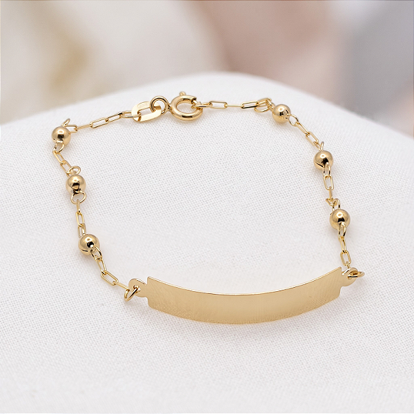 Pulseira Ouro 18k Chapinha com Bolinhas Espaçadas - Infantil Personalizado