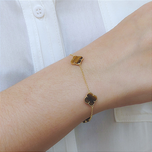 Pulseira 4 Trevos Olho de Tigre em Ouro 18k