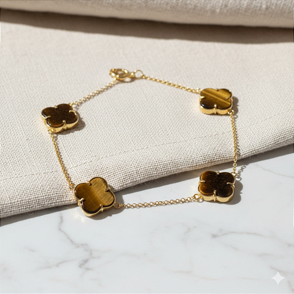 Pulseira 4 Trevos Olho de Tigre em Ouro 18k