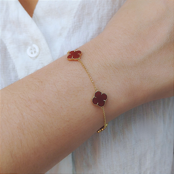 Pulseira 4 Trevos Ágata Vermelha em Ouro 18k