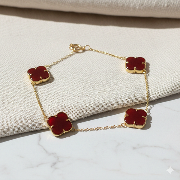 Pulseira 4 Trevos Ágata Vermelha em Ouro 18k
