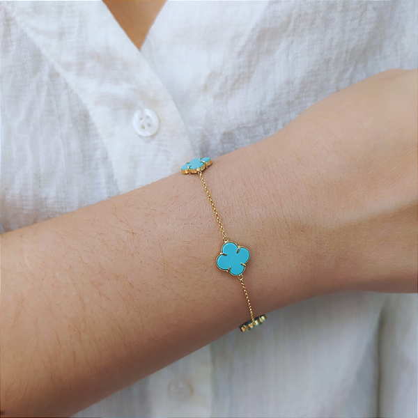 Pulseira 4 Trevos Turquesa em Ouro 18k