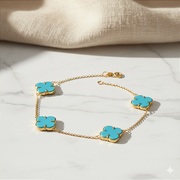 Pulseira 4 Trevos Turquesa em Ouro 18k