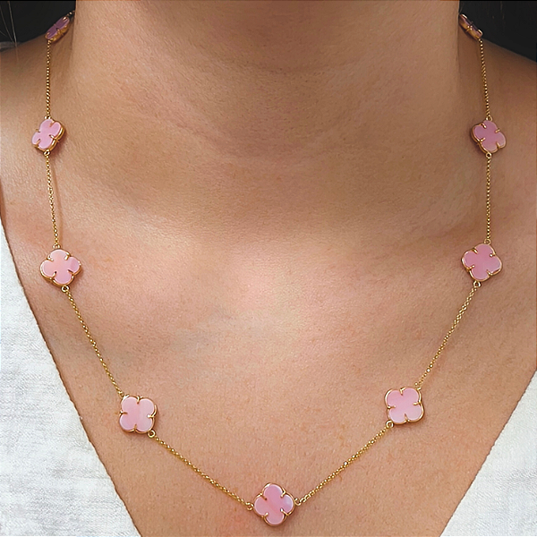 Colar Ouro 18k com 9 Trevos Madrepérola Rosa