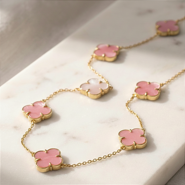 Colar Ouro 18k com 9 Trevos Madrepérola Rosa