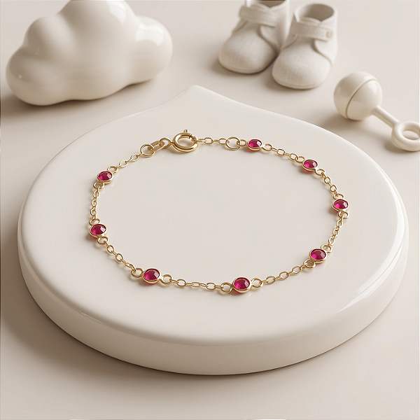 Pulseira Ouro 18k Pedrinhas Vermelhas Espaçadas - Infantil