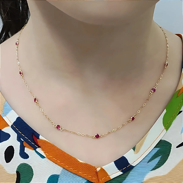 Colar Ouro 18k Pedrinhas Vermelhas Espaçadas - Infantil