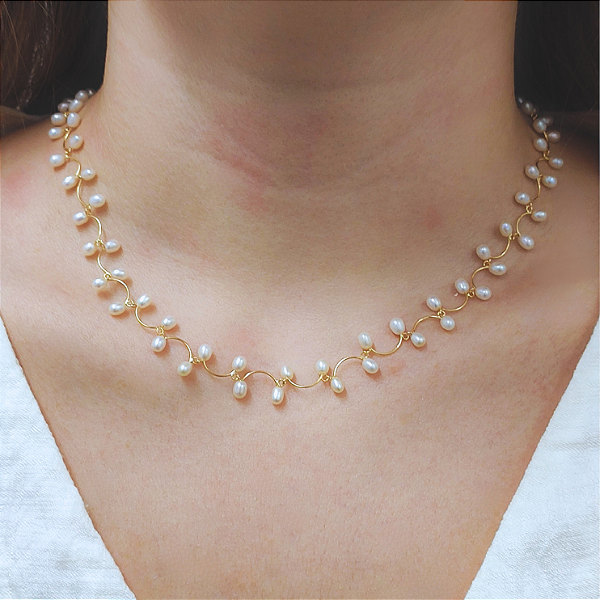 Colar Zig-Zag Ouro 18k com Pérolas Biwa