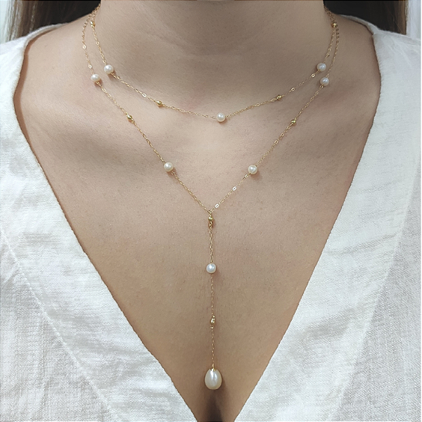 Colar Gravata Imperial em Ouro 18k e Pérolas Naturais