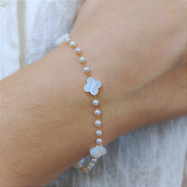 Pulseira Ouro 18k Pérolas Naturais e Trevo Juntos