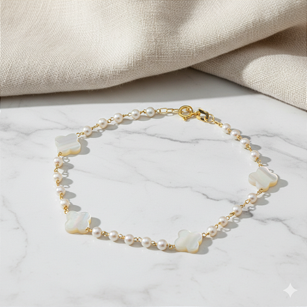 Pulseira Ouro 18k Pérolas Naturais e Trevo Juntos
