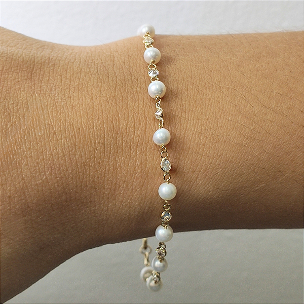 Pulseira Ouro 18k Pérolas Naturais e Zircônias Juntas