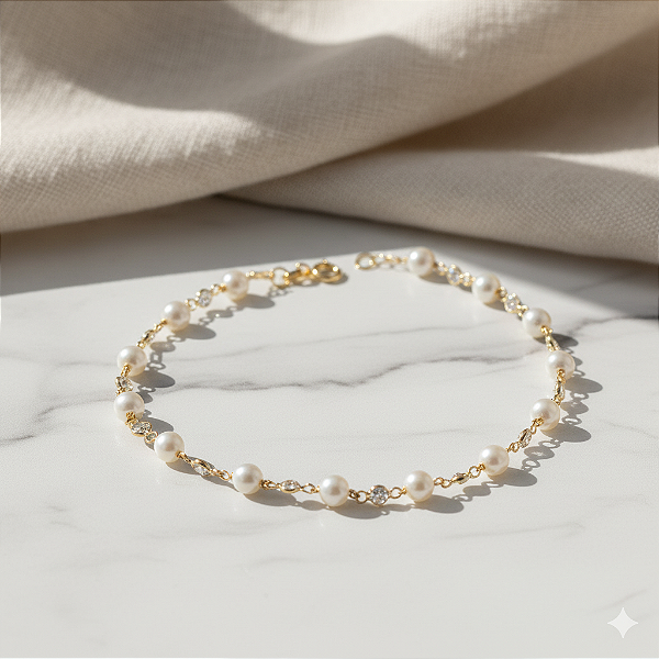 Pulseira Ouro 18k Pérolas Naturais e Zircônias Juntas