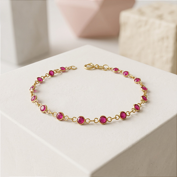 Pulseira Ouro 18k Pedrinhas Vermelhas Juntinhas - Infantil