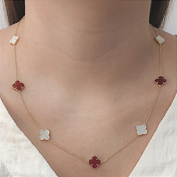Colar Ouro 18k com 9 Trevos Madrepérola & Ágata Vermelha
